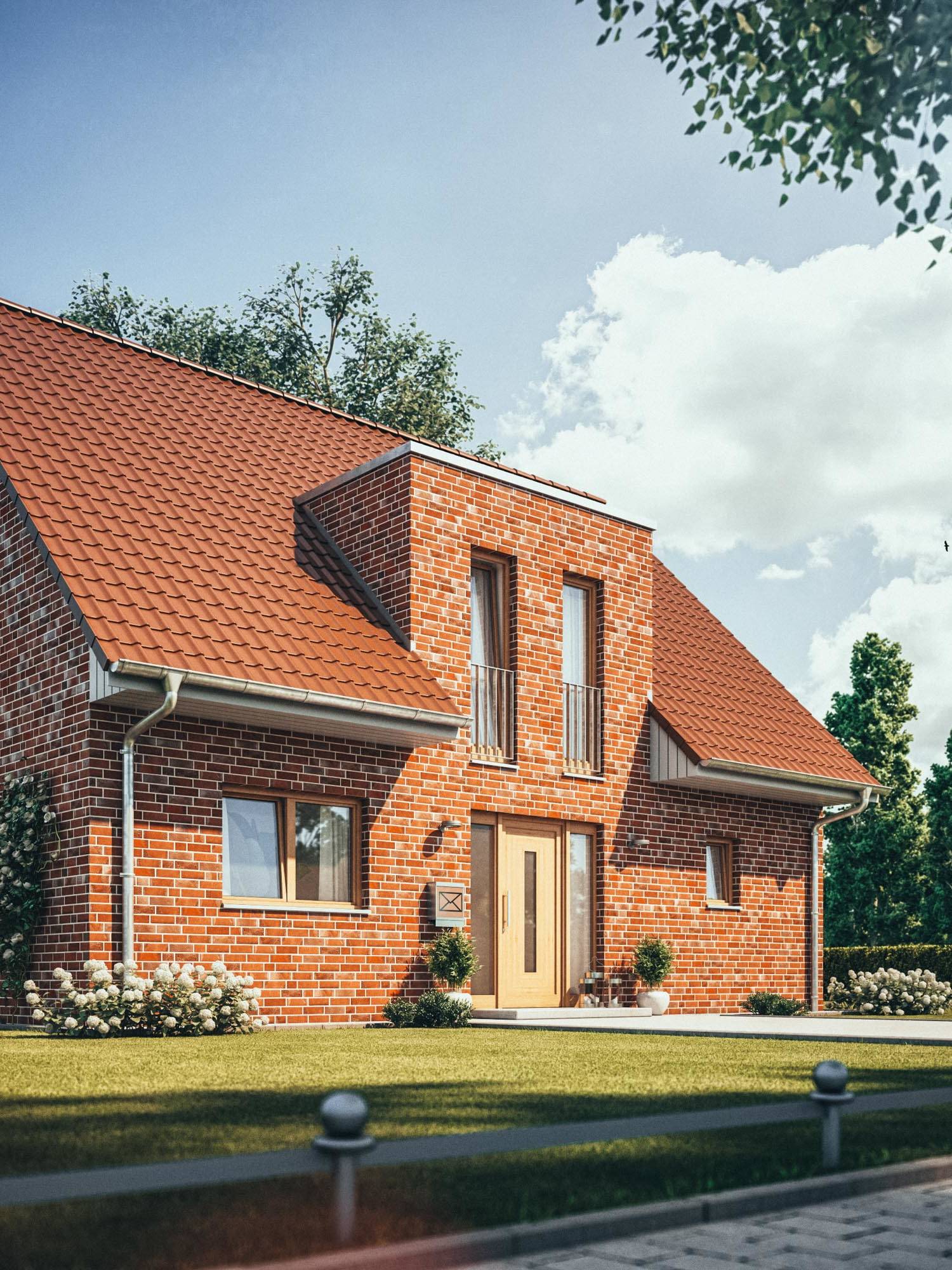 3D-Vidualisierung eines rot geklinkerten Einfamilienhauses
