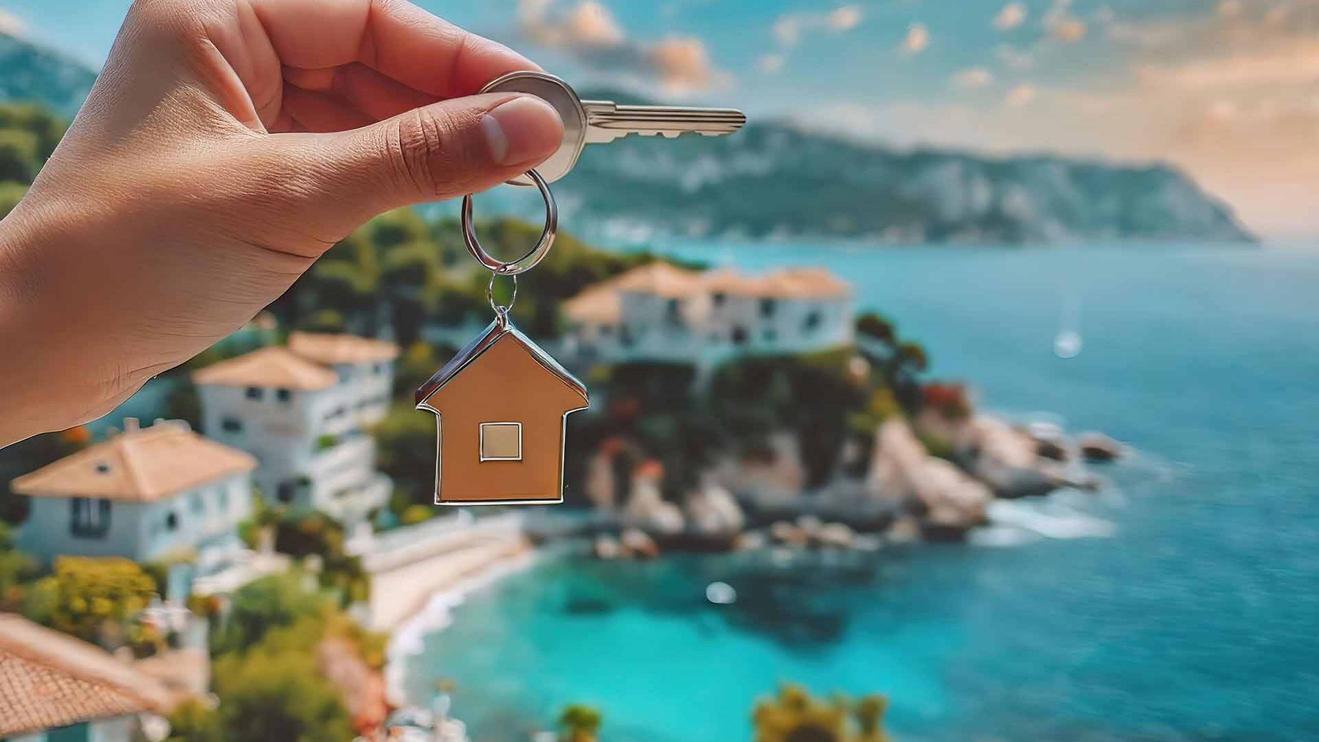 Frau hält Schlüssel zu ihrer ausländischen Kapitalanlage in der Hand, Im Hintergrund ist eine Bucht