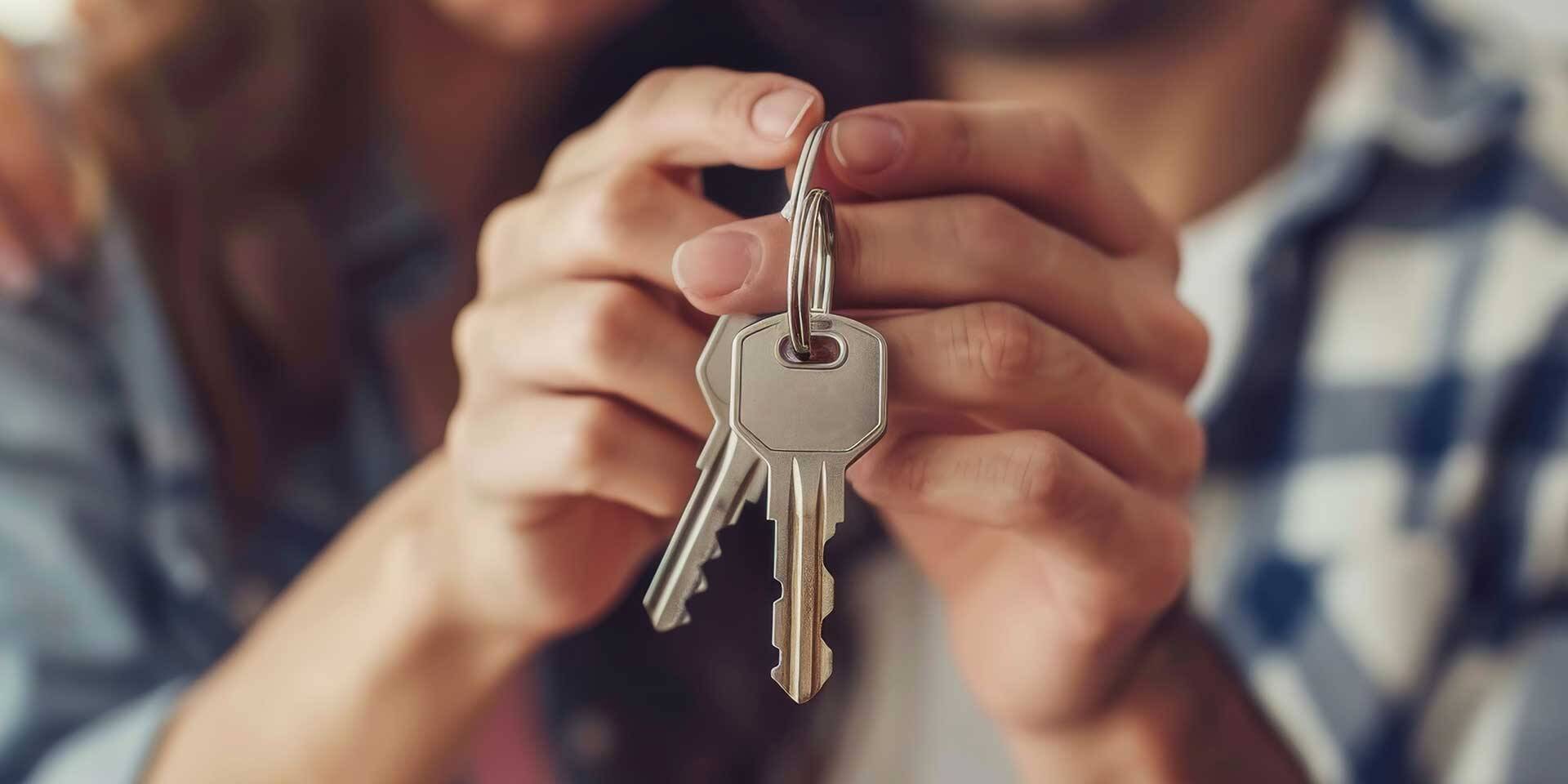 Junges Paar hält nach dem Immobilienkauf die Schlüssel in den Händen